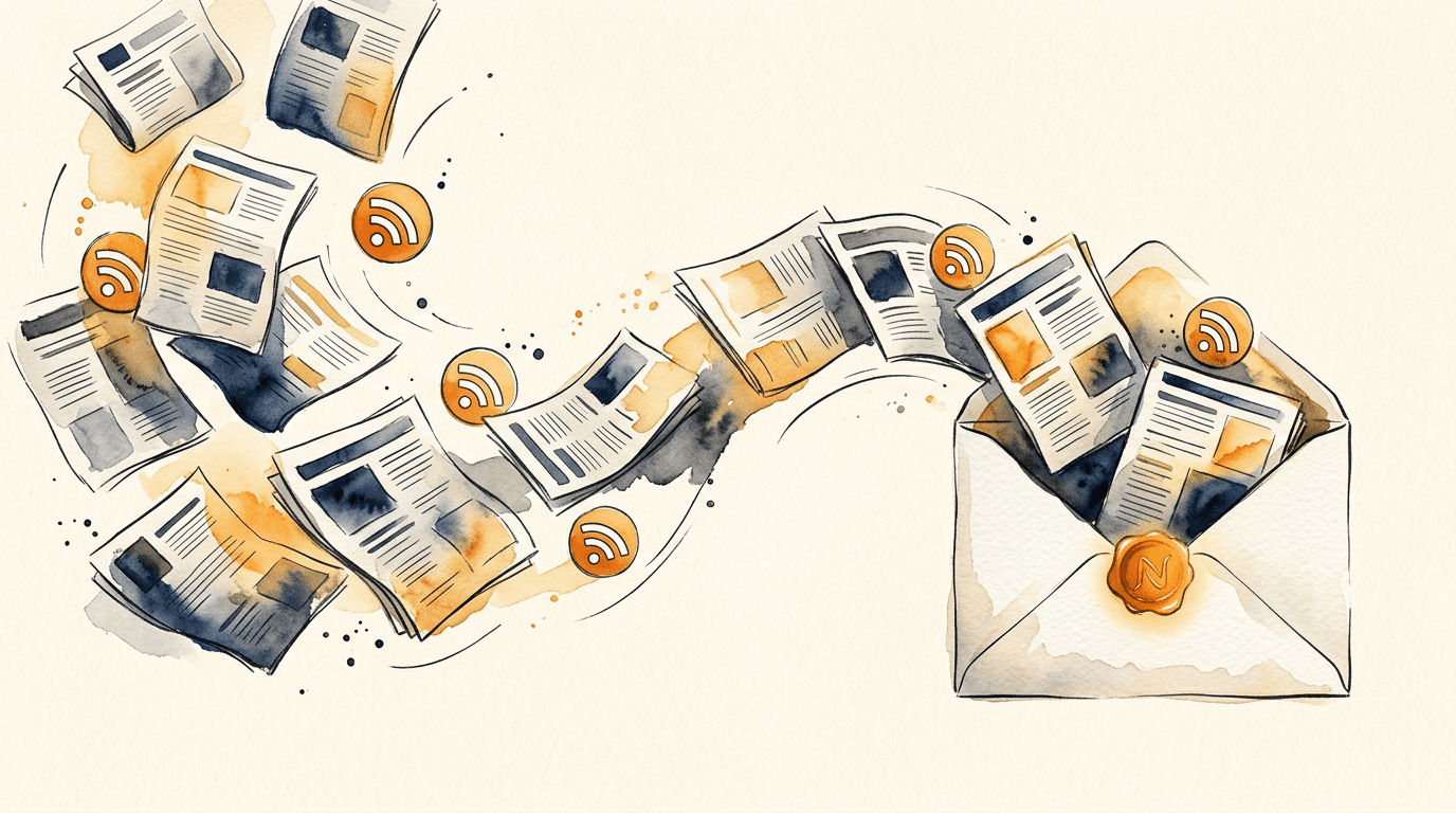 Newspapers and RSS feeds flowing into a curated email digest